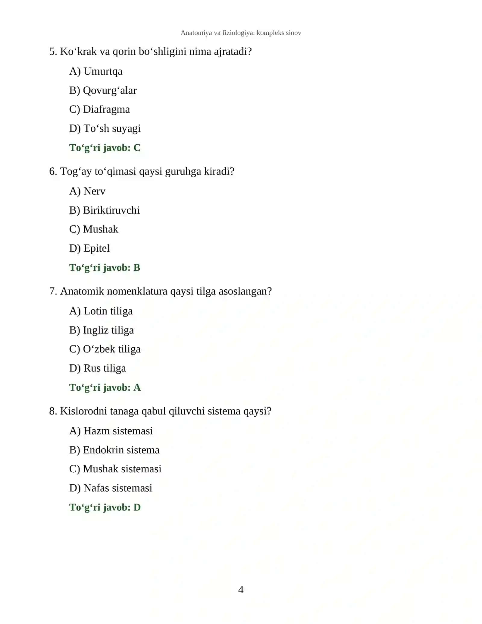 Anatomiya va fiziologiya: kompleks sinov 4