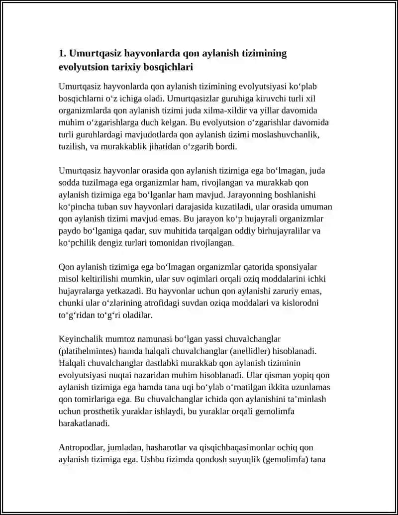 UMURTQASIZ HAYVONLARDA QON AYLANISH SISTEMASI EVOLUTSIYASI 4