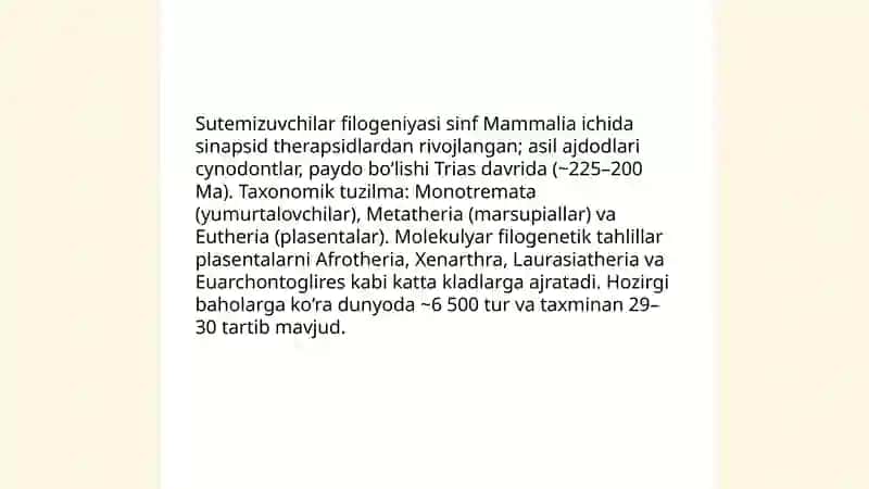 Sutemizuvchilar ekologiyasi kelib chiqishi va evolyutsiyasi 4
