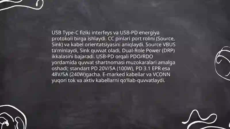 Zamonaviy zaryadlovchi qurilmalar texnalogiyalari:USB Power Deliver (USB-PD)protokoli va GaN -trazistorlardan foydalanish 4