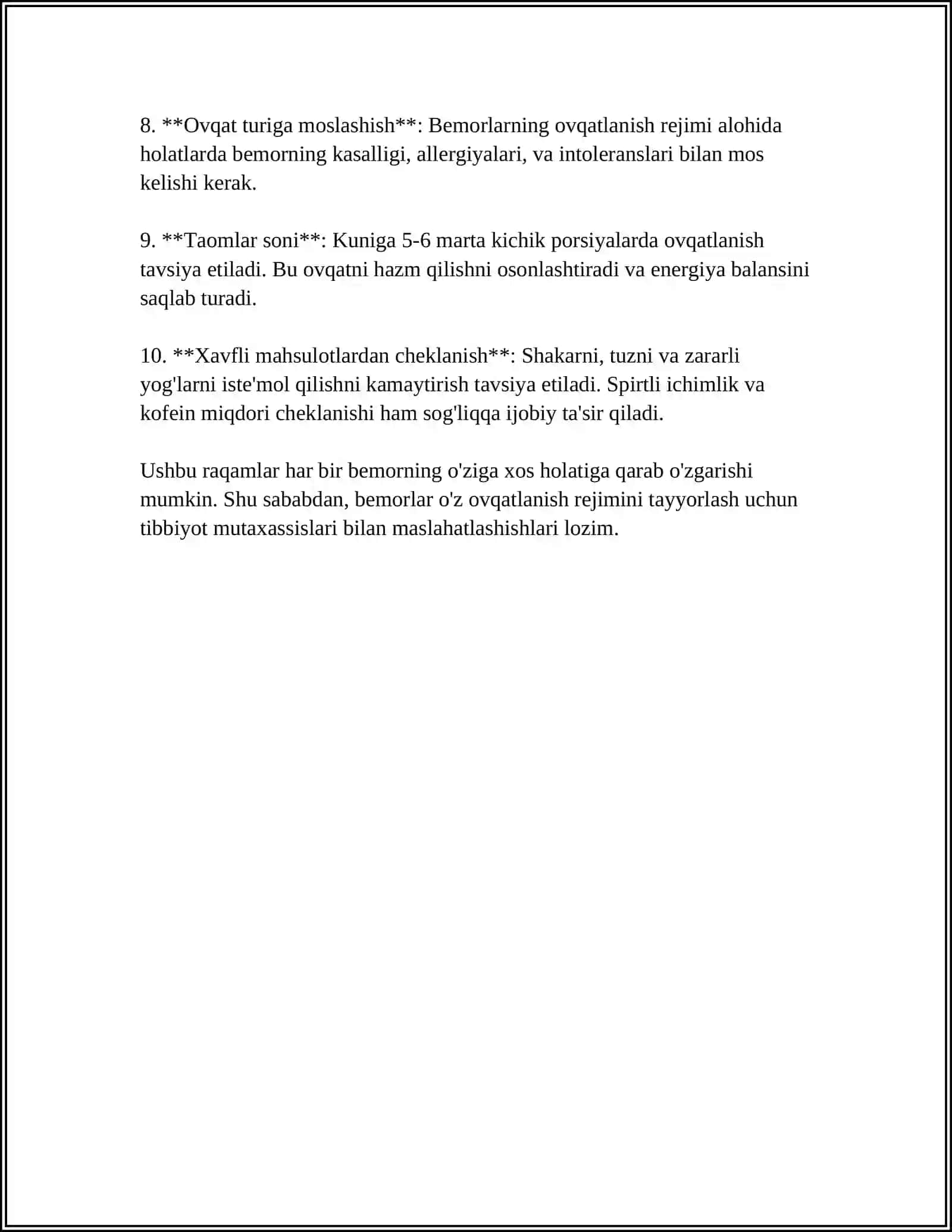 BEMORLARNING OVQATLANISHINI TASHKIL QILISH VA UNING GIGEYNEK NAZORATI. ORGANIZMNING VITAMINLAR BILAN TA'MINLANGANINI O'RGANISH VA BAHOLASH 4