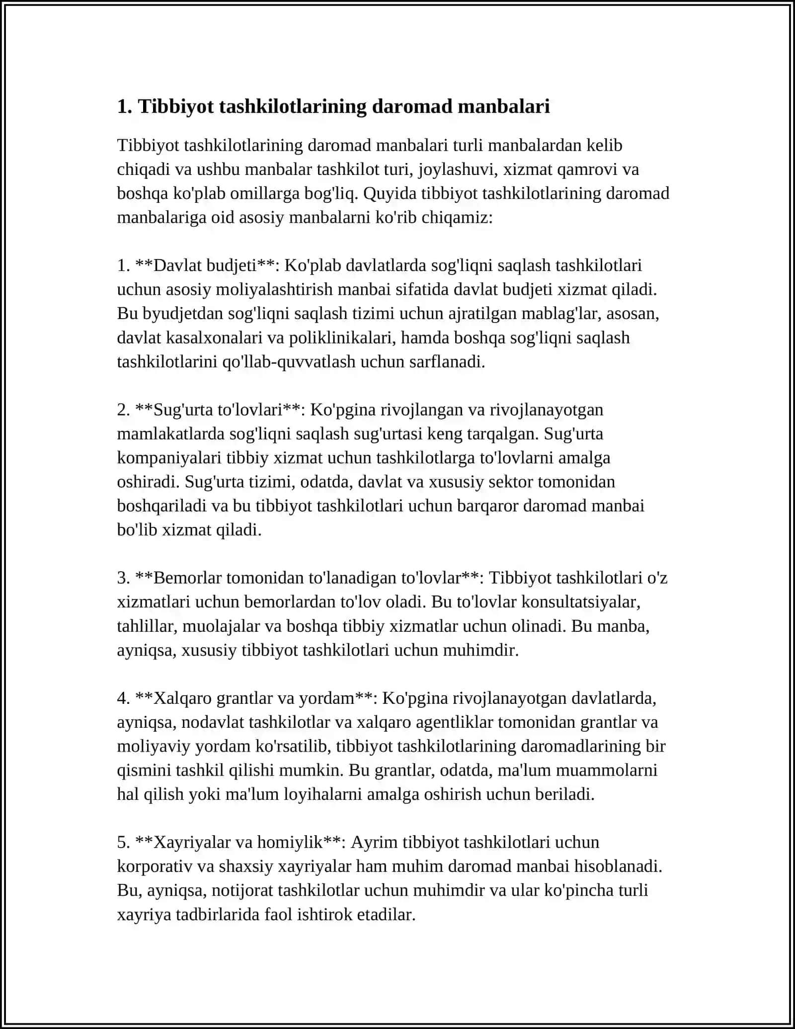 TIBBIYOT TASHKILOTLARINING MODDIY RAG'BATLANTIRISH VA RIVOJLANTIRISHJAMG'ARMASI DAROMADLARINI SHAKLLANTIRISH VA UNING HISOBI 4