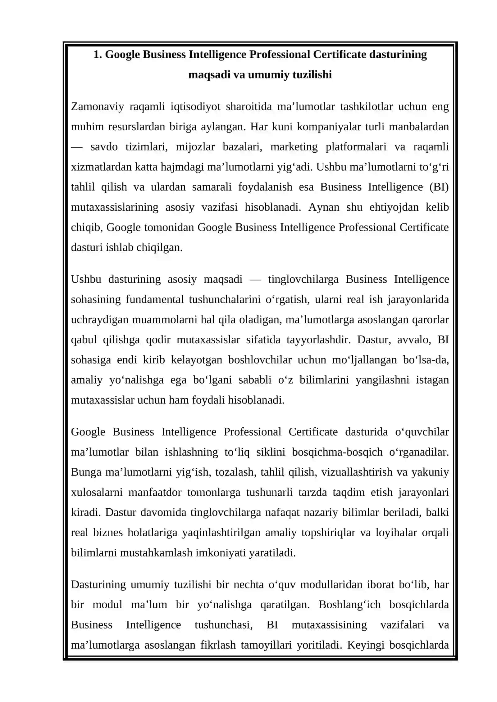 GOOGLE BUSINESS INTELLIGENCE PROFESSIONAL CERTIFICATE’NI OLISH JARAYONI 4