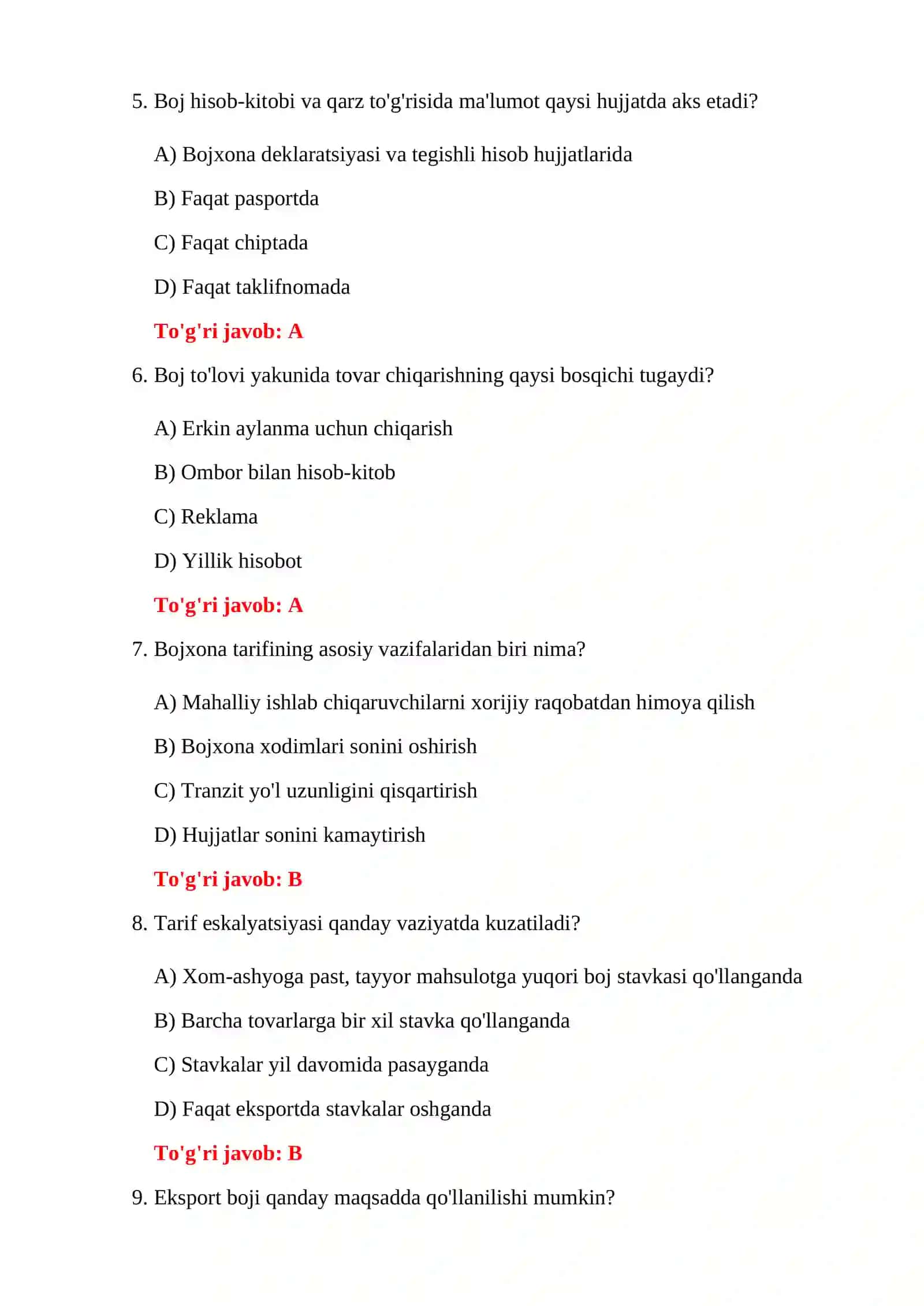 BOJXONA BOJ STAVKALARI TESTLARI 4