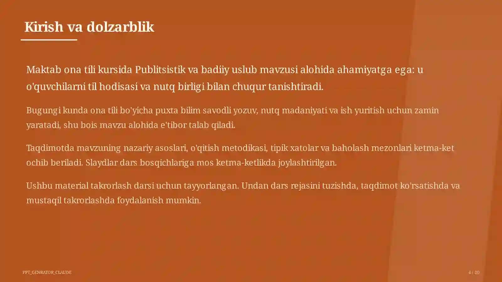 Publitsistik va badiiy uslub (10-sinf) Ona tili (5-11) — takrorlash darsi uchun 4
