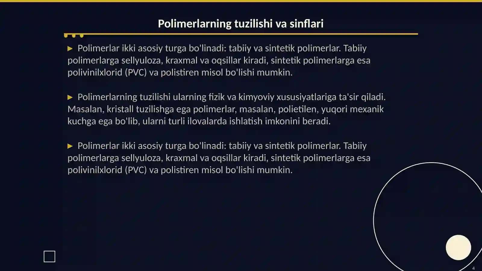 Polimerlar kimyosi fani. Polimerlar va ularning oʻziga xos xususiyatlari 4