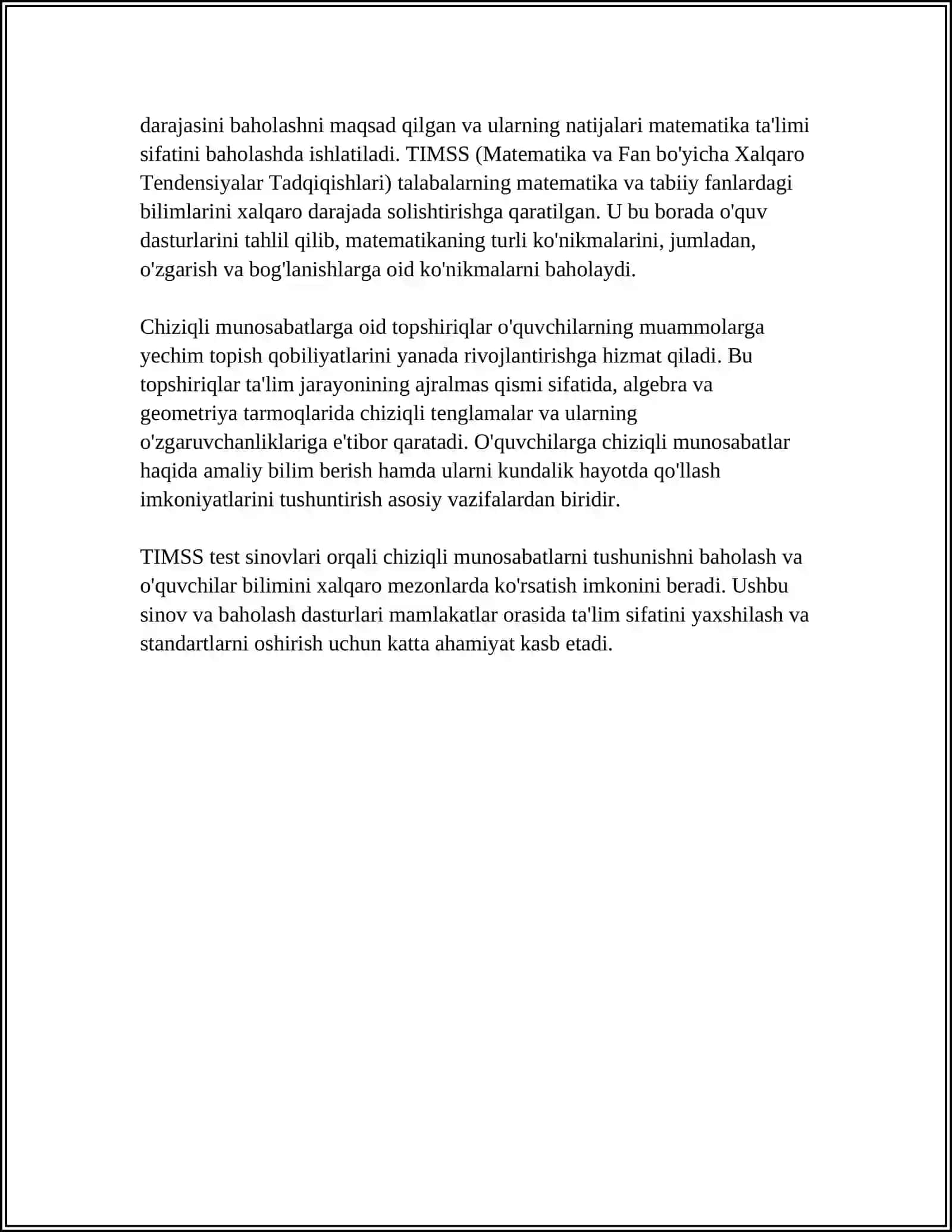 EGMA VA TIMSS XALQARO BAHOLASH DASTURIDA"O'ZGARISH VA BOG'LANISHLAR" MAZMUN SOHASIGA OID TOPSHIRIQLAR 4