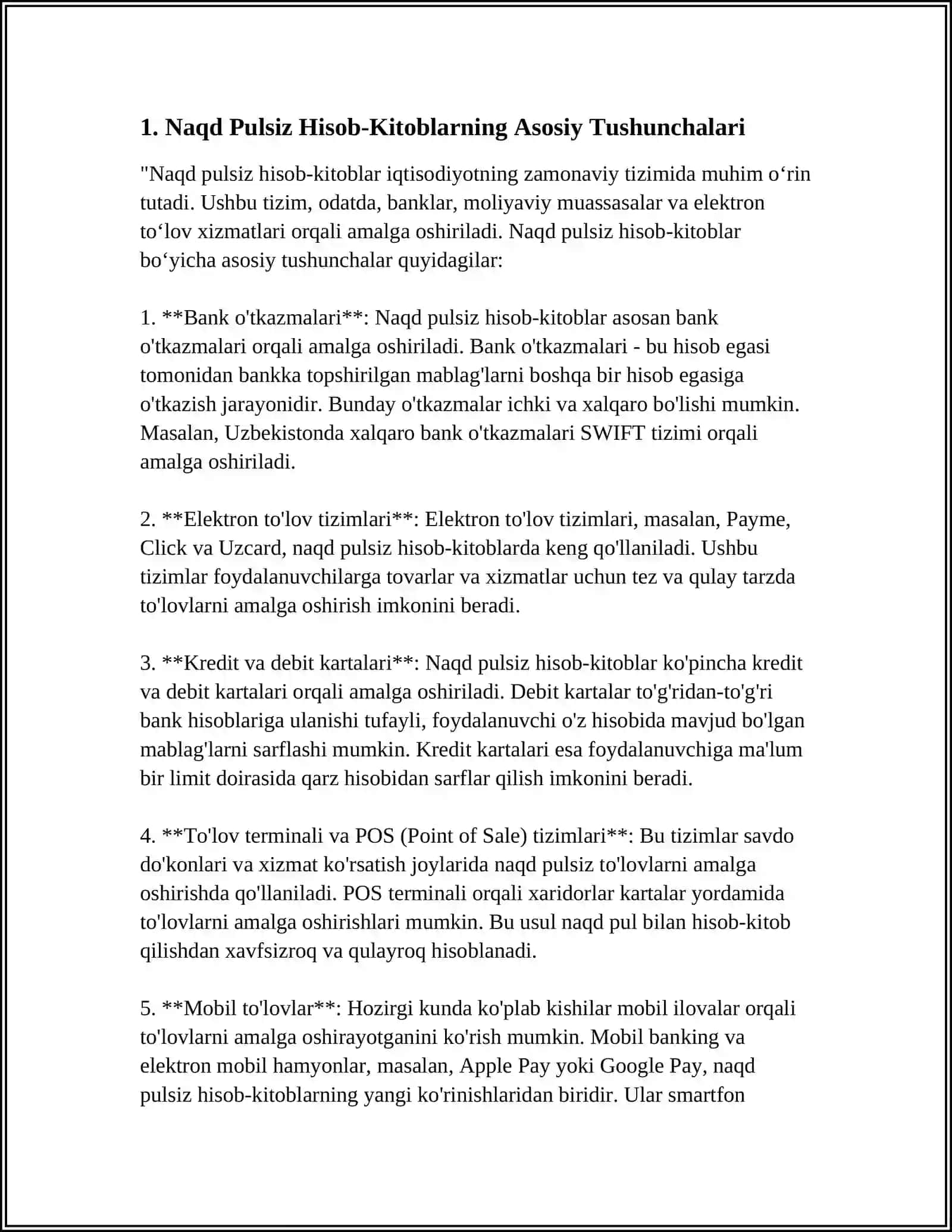 BANKLARDA NAQD PULSIZ HISOB-KITOBLARNI TASHKIL QILISH VA ULARNING HISOBI 4