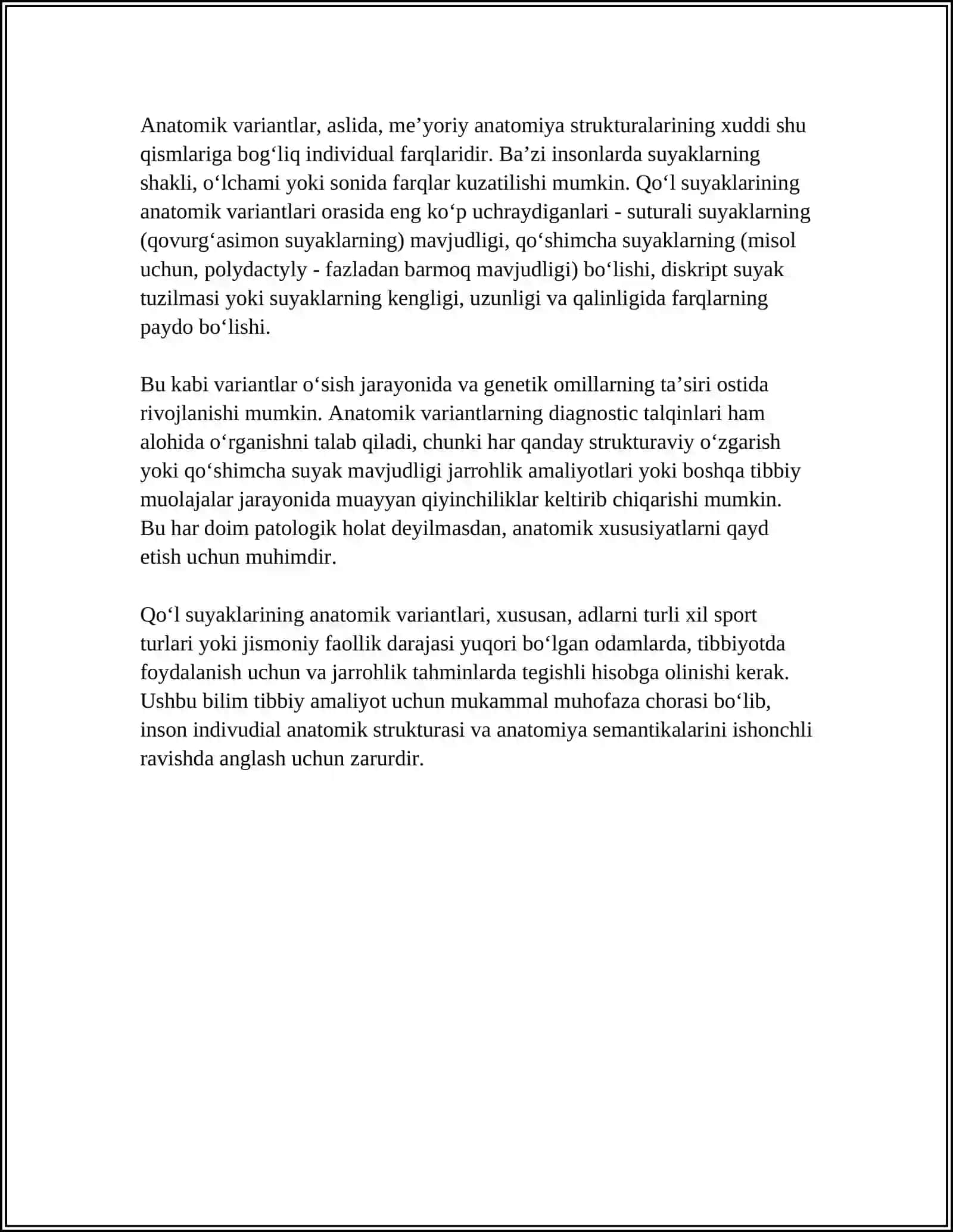 QO'L SUYAKLARINING VARIANTLI ANATOMIYASI, RIVOJLANISH NUQSONLARI, QO'L SUYAKLARINING RIVOJLANISHIGA ICHKI VA TASHQI FAKTORLARNING TASIRI 4