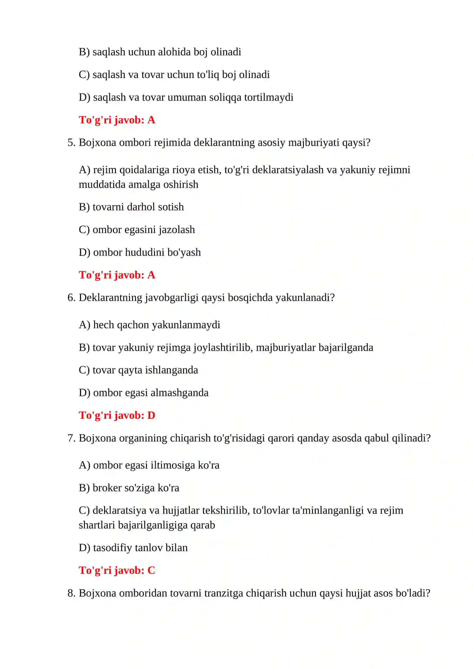 BOJXONA OMBORI RASMIYLASHTIRUVI TESTLARI 4