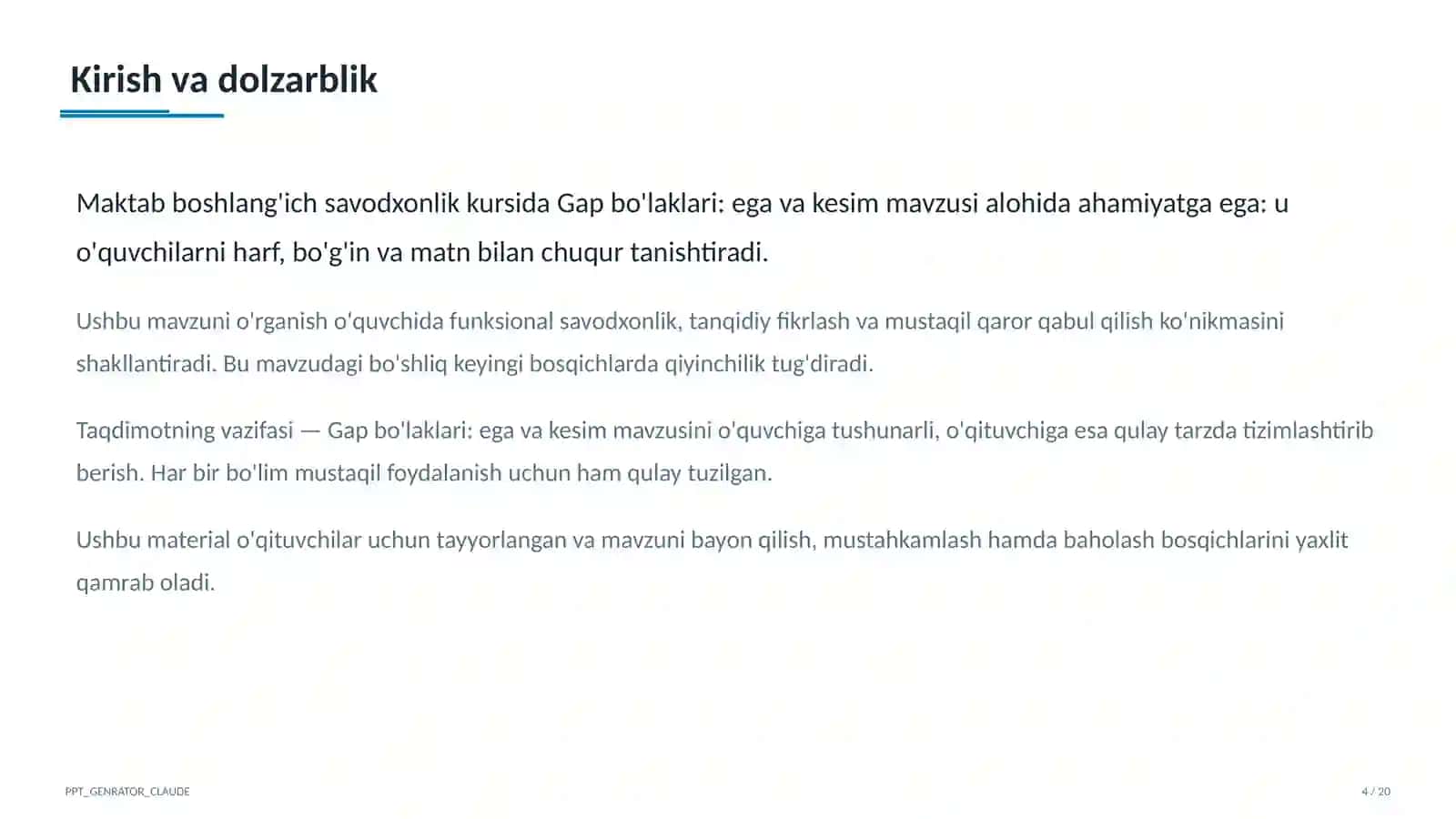 Gap bo'laklari: ega va kesim (4-sinf) 4