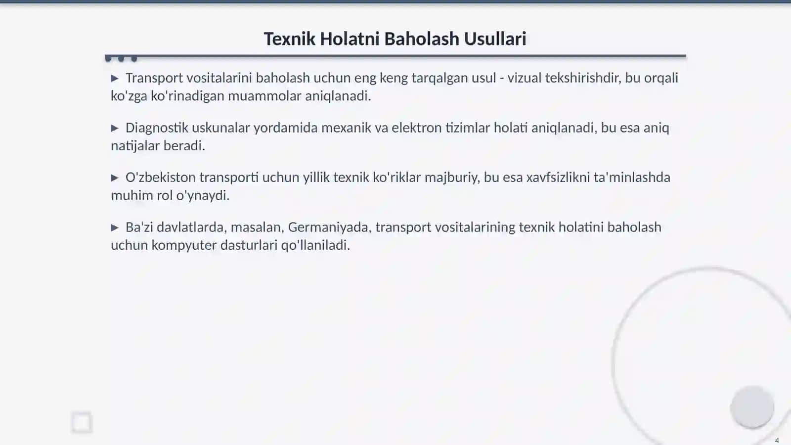 Transport Vositalarini Texnik Holatini Ko'zdan Kеchirish 4