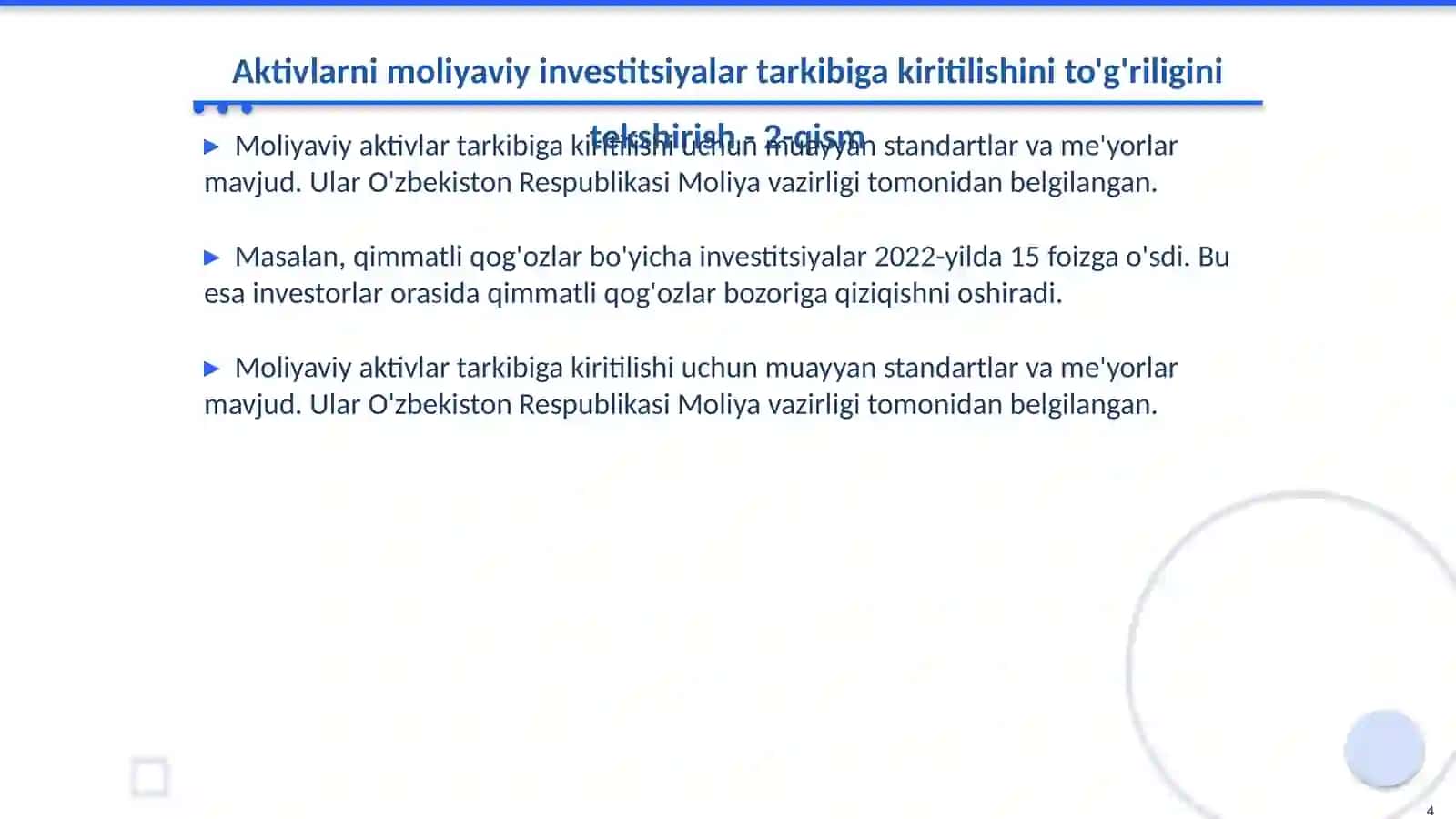 Aktivlarni moliyaviy investitsiyalar tarkibiga kiritilishini to'g'riligini tekshirish 4