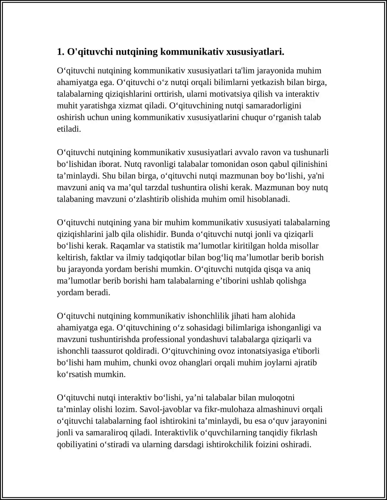 OQITUVCHI NUTQINING KOMMUNIKATIV XUSUSIYATLARI.PEDAGOGIK NUTQNING O'ZIGA XOSLIKLARI. NUTQ TURLARI VA KORINISHLARI 4