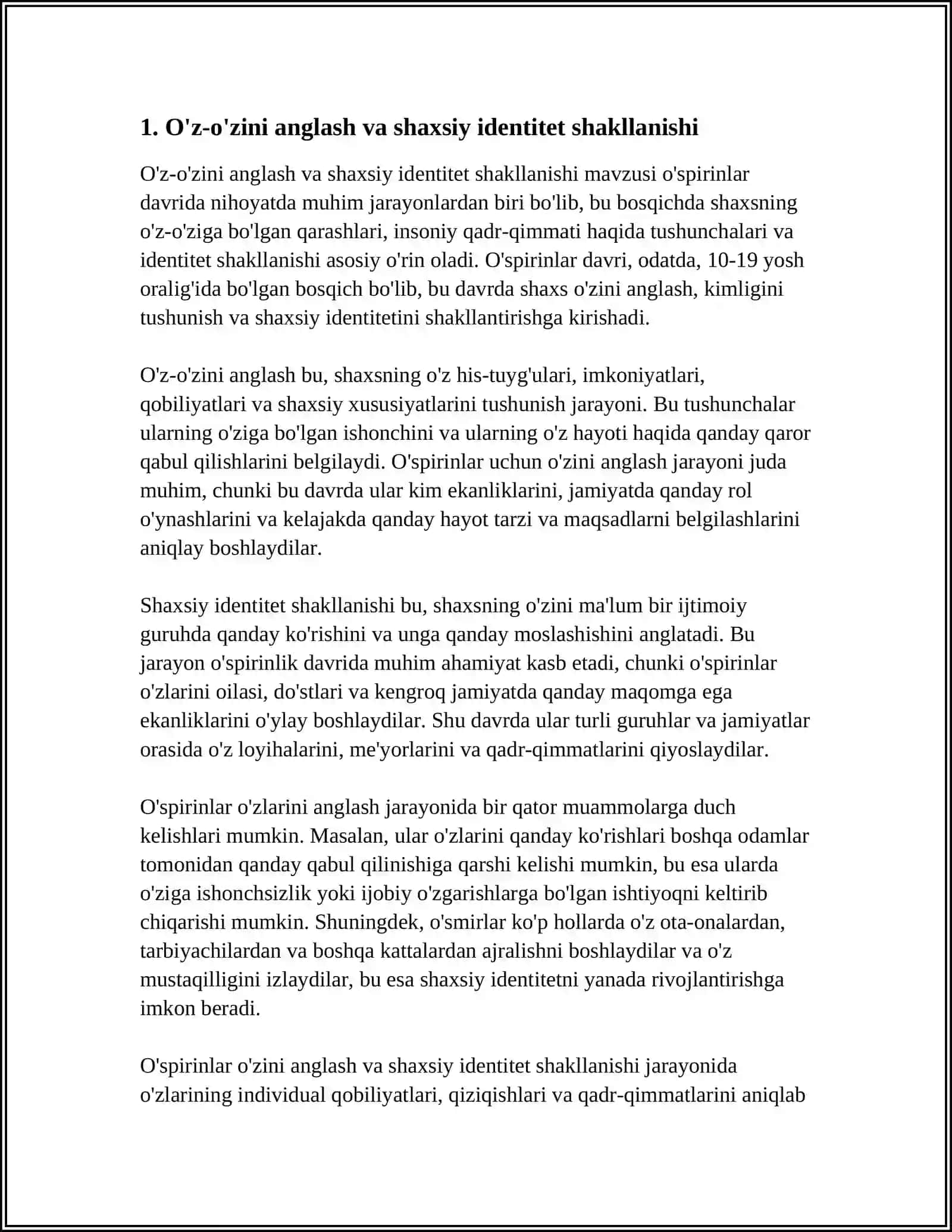 O'SPIRINLARDA O'Z - O'ZINI ANGLASH QANDAY NAMOYON BO'LADI? 4