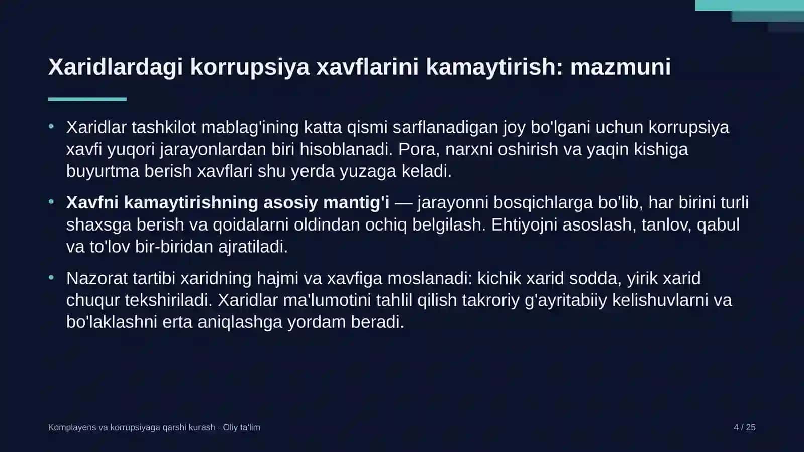 Komplayens va korrupsiyaga qarshi kurash · Oliy ta'lim 4