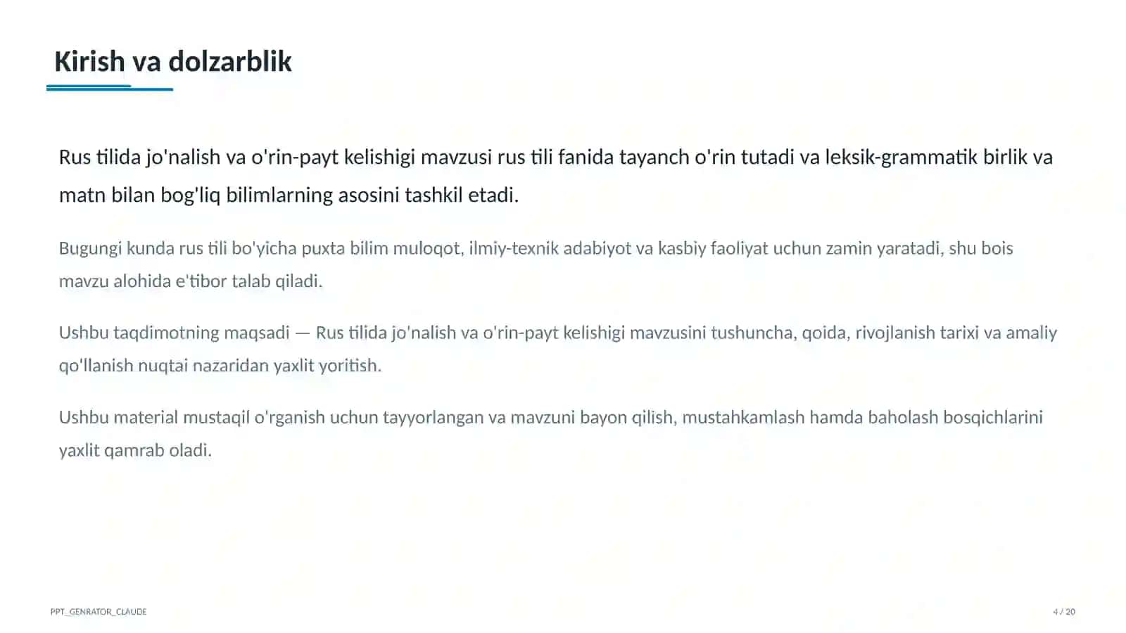 Rus tilida jo'nalish va o'rin-payt kelishigi (5-sinf) 4