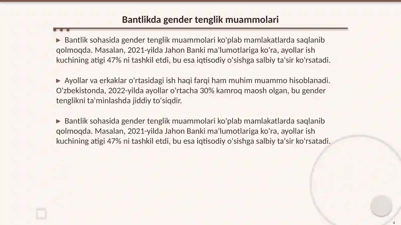 Taʼlim va bantlik soxasida gender tenglik 4