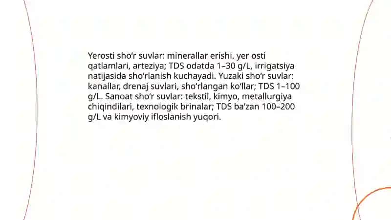 Oʻzbekiston Sharoitida sho'r suvlarni chuchuklashtirish goyasi mavzusida slayd 4