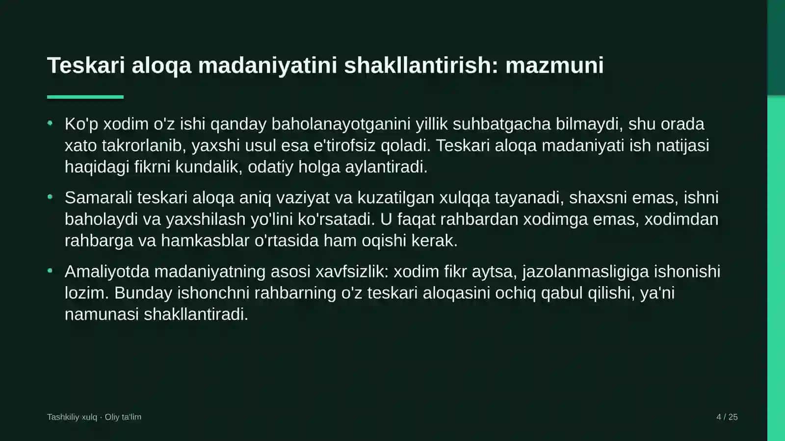 dasturiy ta'minotni testlash sohasida ish joyida teskari aloqa madaniyatini shakllantirish 7074 4