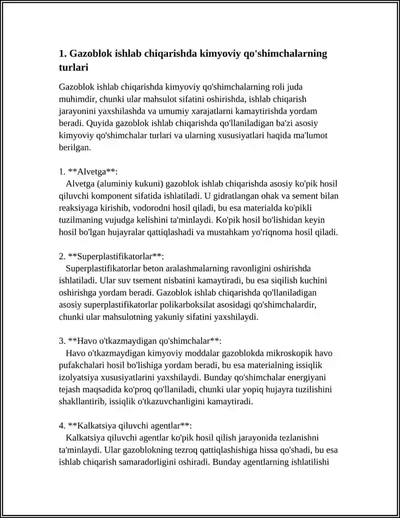 MUSTAQIL ISH Mavzu: AVTOKLAVDA QOTADIGAN DEVORBOP GAZOBETONBLOKLARINI ISHLAB CHIQARISHDA KIMYOVIY QO’SHIMCHALARNING RO’LI? 4