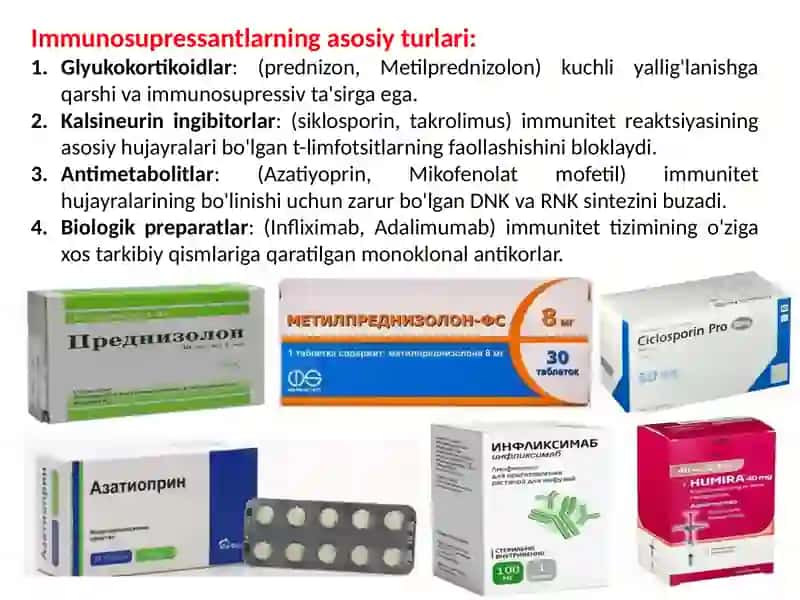 Immunosupressorlar. Bosh miya qon aylanishining buzilishida qo'llaniladigan vositalar. 4