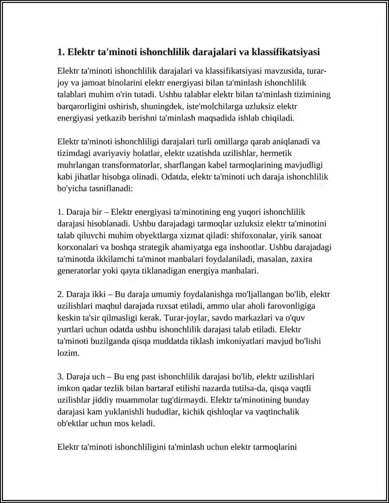TURAR-JOY VA JAMOAT BINOLARINI ELEKTR ENERGIYASI TAMINLANISHINING ISHONCHLILIK TALABLARI 4