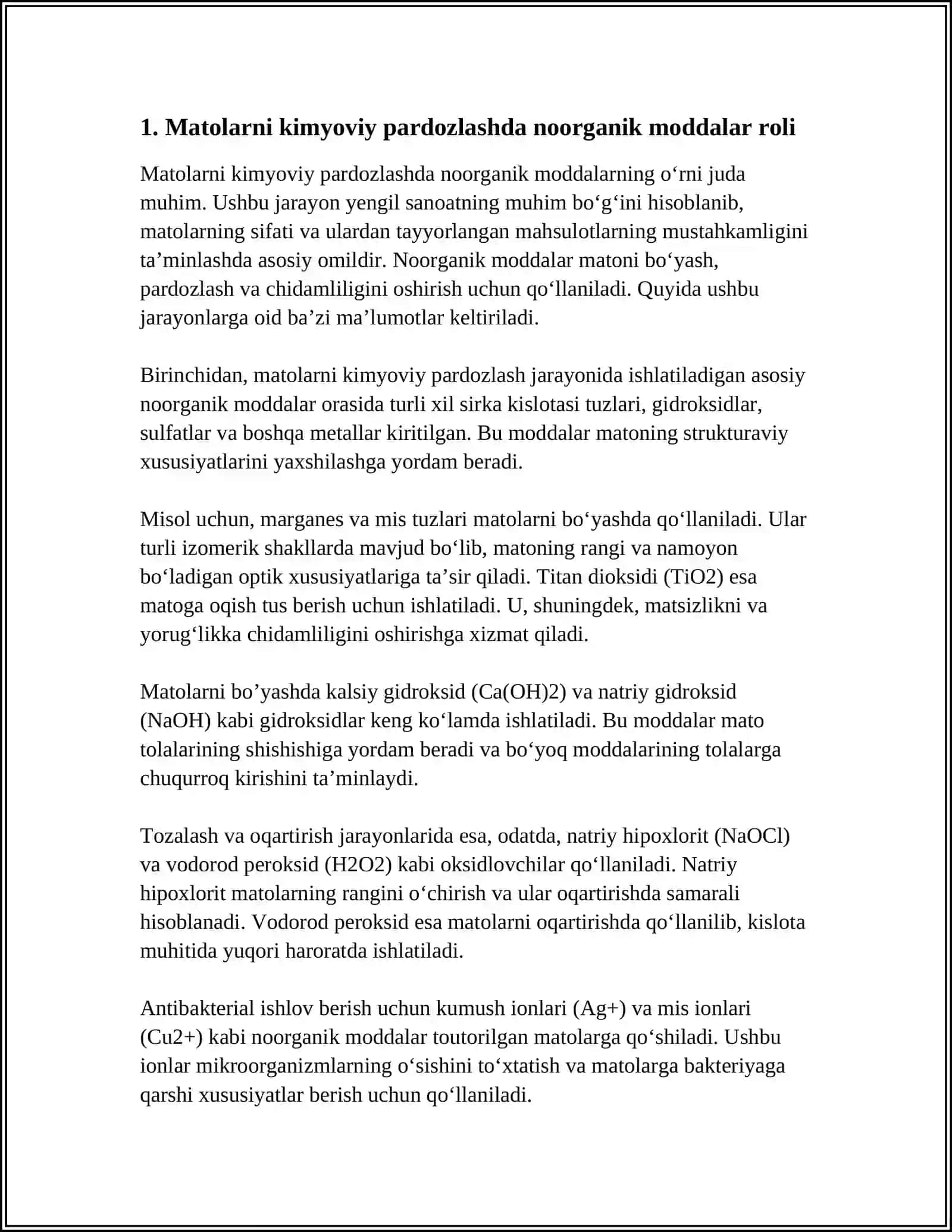 MATOLARNI KIMYOVIY PARDOZLASH, TERI VA MO'YNAGA ISHLOV BERISH JARAYONLARIDAN NOORGANIK MODDALARNING QO'LANILISHI 4