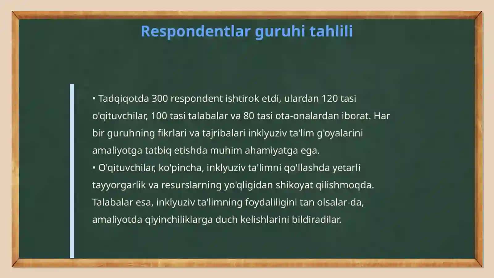 Inklyuziv ta'lim g'oyalarini amaliyotga tatbiq etish bo'yicha turli guruhlarga mansub respondentlarning fikrlarini aniqlashga qaratilgan sotsiologik tadqiqotlar 4