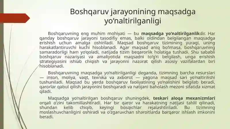 Boshqaruv - ob’ektiv zaruriyat va maqsadga yo‘naltirilgan jarayon sifatida 4