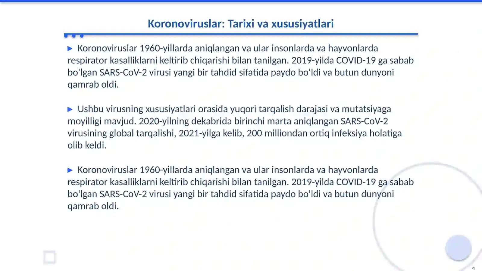Mikrobiologiya fani Koronoviruskar va ukarning hozirgi kundagi muammolari 4