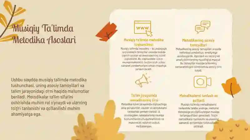 Mttda musiqiy ta'lim berish metodikasi bo'yicha ishlarni tashkil etish 4