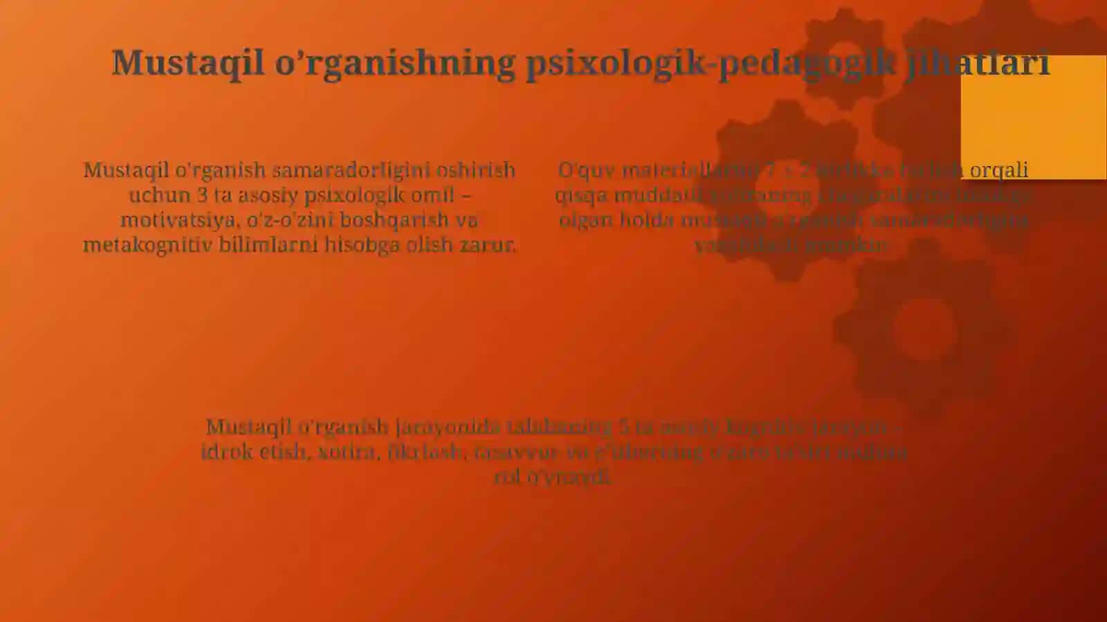 12- mustaqil ta'lim topshirig'i:Pedagogik jarayon konsepsiyalari va uning psixologik asoslari 4