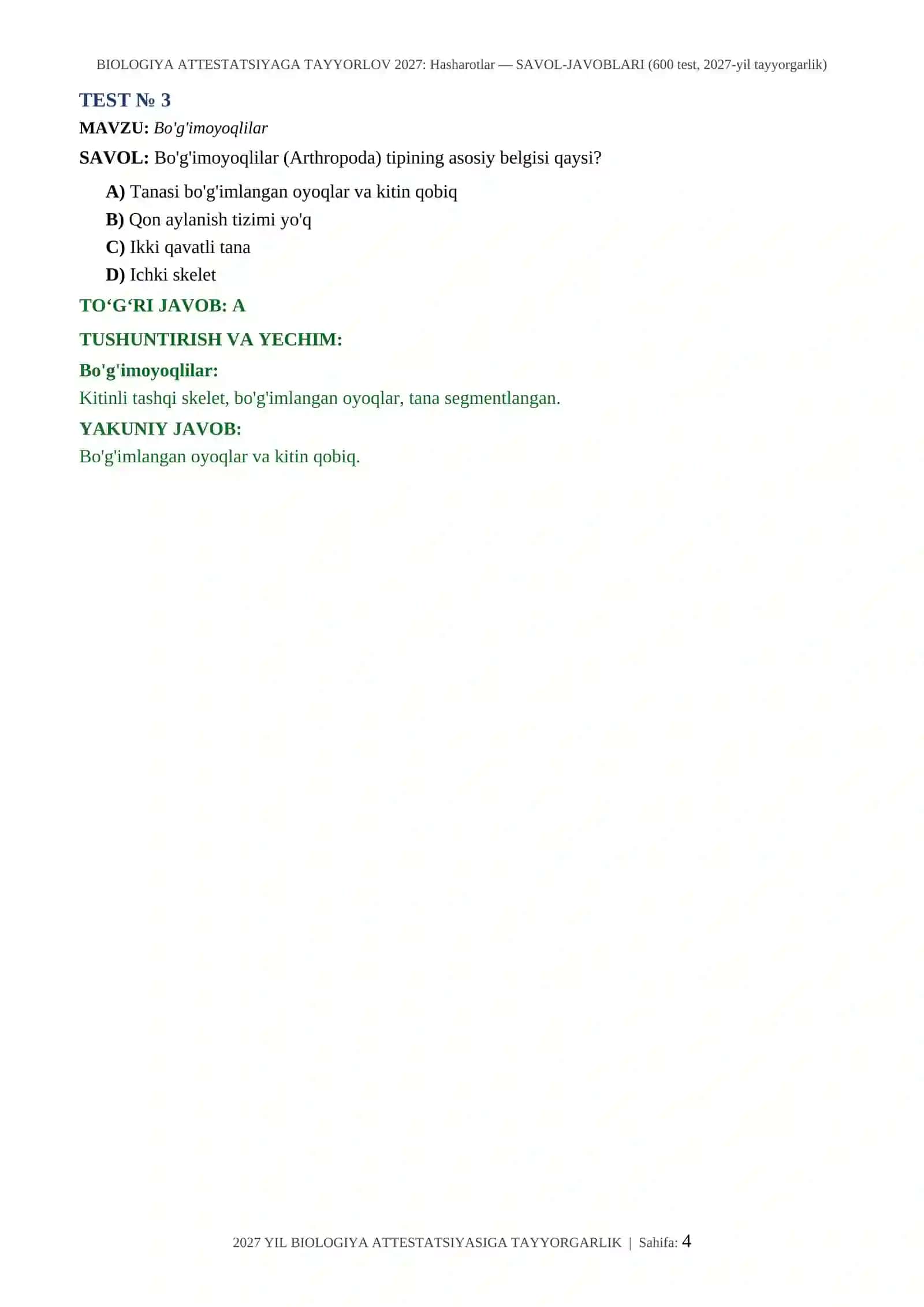 BIOLOGIYA ATTESTATSIYAGA TAYYORLOV 2027: Hasharotlar — SAVOL-JAVOBLARI (600 test, 2027-yil tayyorgarlik) 4