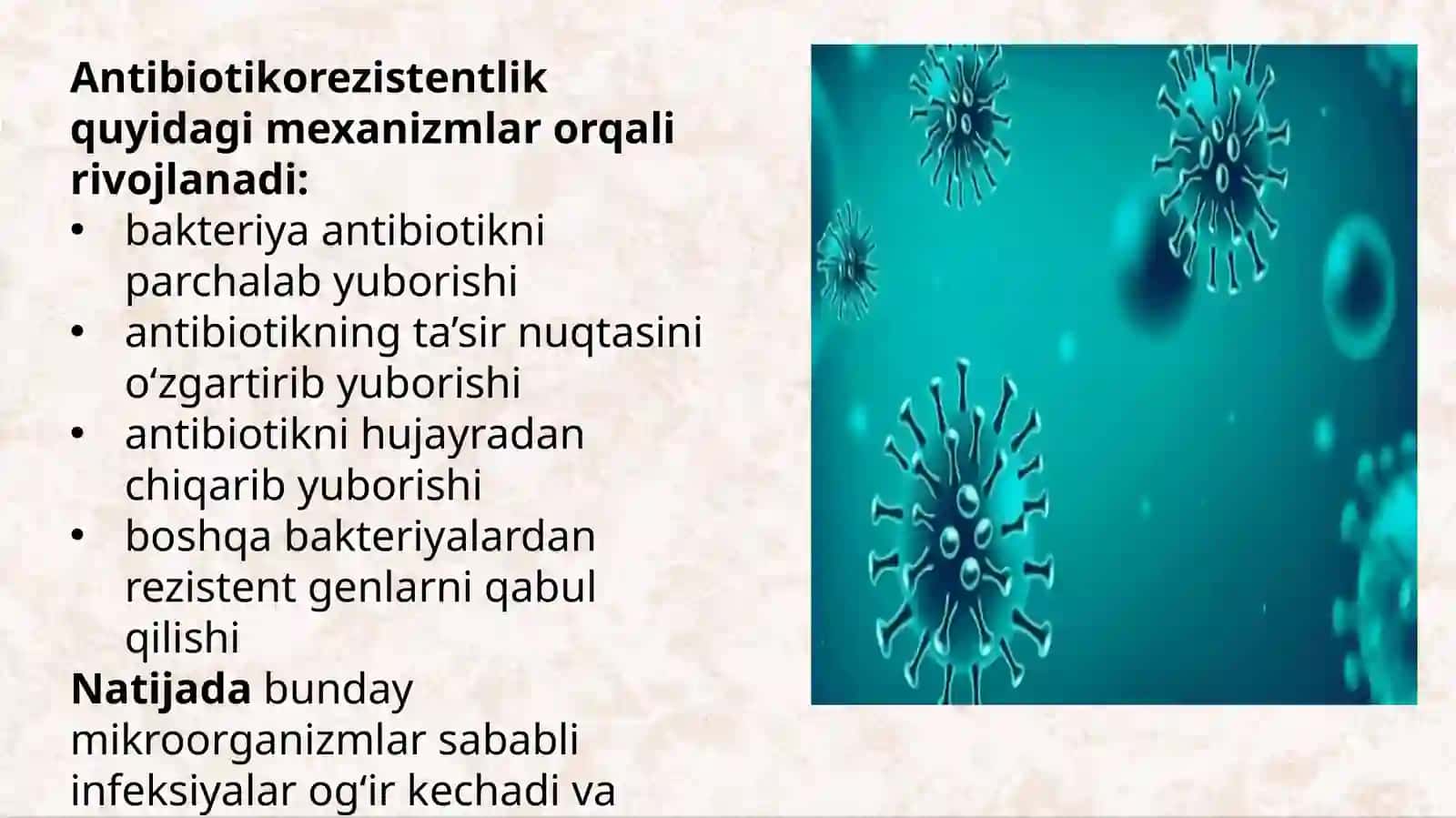 Antibiotikorezistent mikroorganizmlar shtammlarining tarqalishi.Biriktiruvchi toʻqimaning somatik va 4
