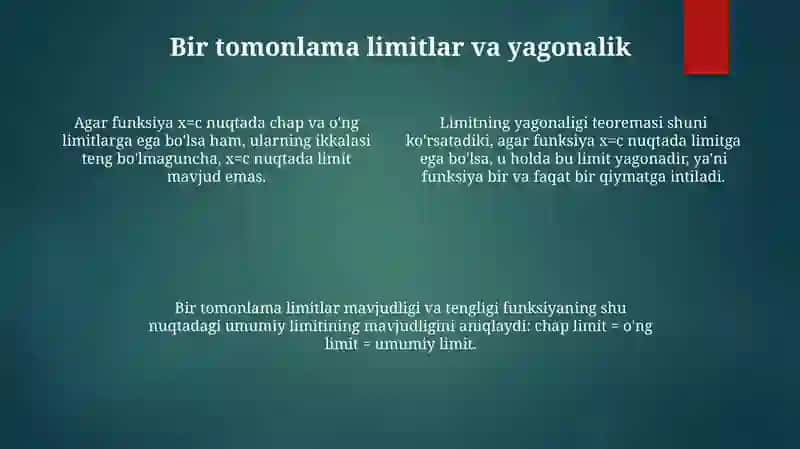 Limitning informal ta'rifi funksiya qiymati x argument ma'lum bir nuqtaga yaqinlashganda qanday songa yaqinlashishini intuitiv tushuntiradi, ammo aniq emas 4