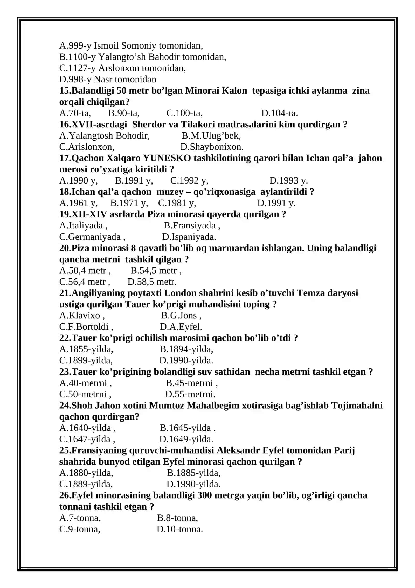 Tarix fanidan test savollar to'plami 4