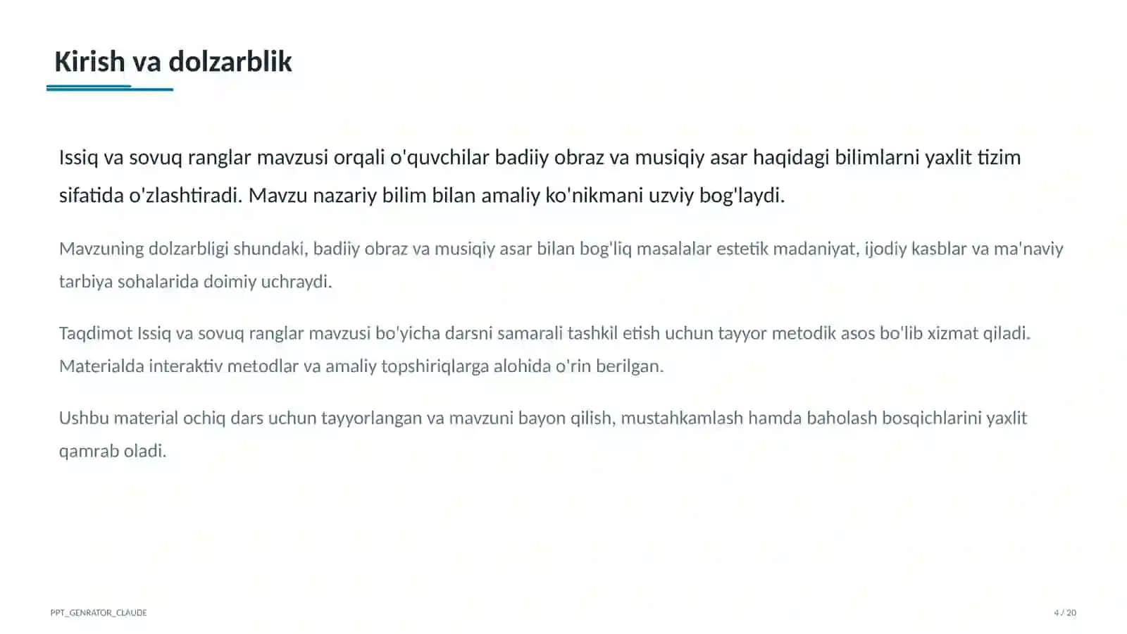 Tasviriy san'at va musiqa (1–7) — ochiq dars uchun 4