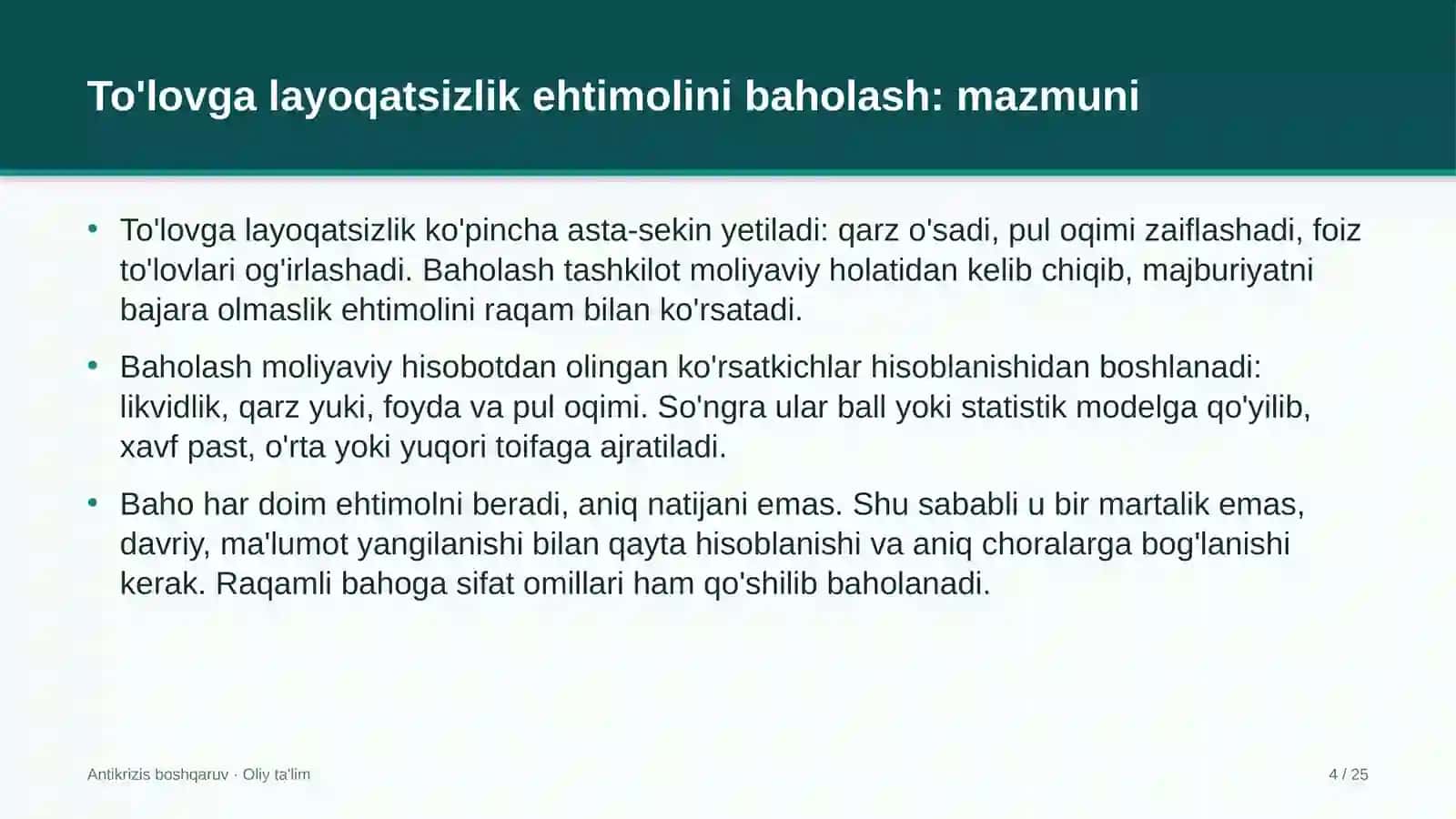 Avtoservis korxonalarida to'lovga layoqatsizlik ehtimolini baholash 4
