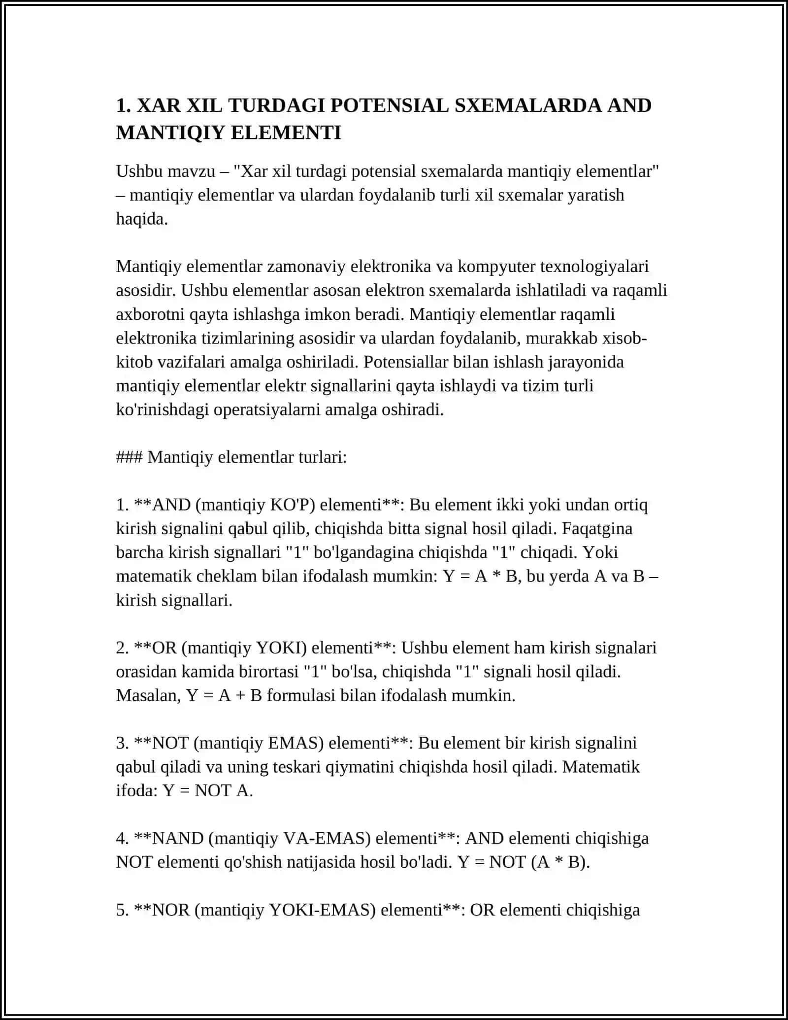 XAR XIL TURDAGI POTENSIAL SXEMALARDA MANTIQIY ELEMENTLARNING ISHLATISH SOXALARI,AFZALLIK VA KAMCHILIGI 4