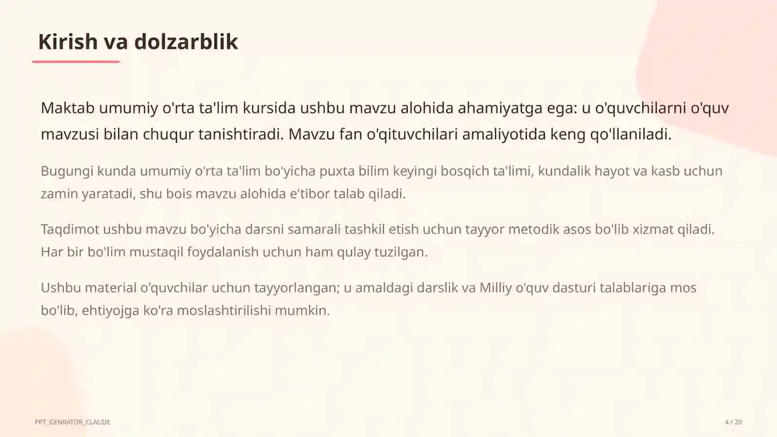 Dolzarb mavzular — maktab va o'qituvchilar (2026) — o'quvchilar uchun 4