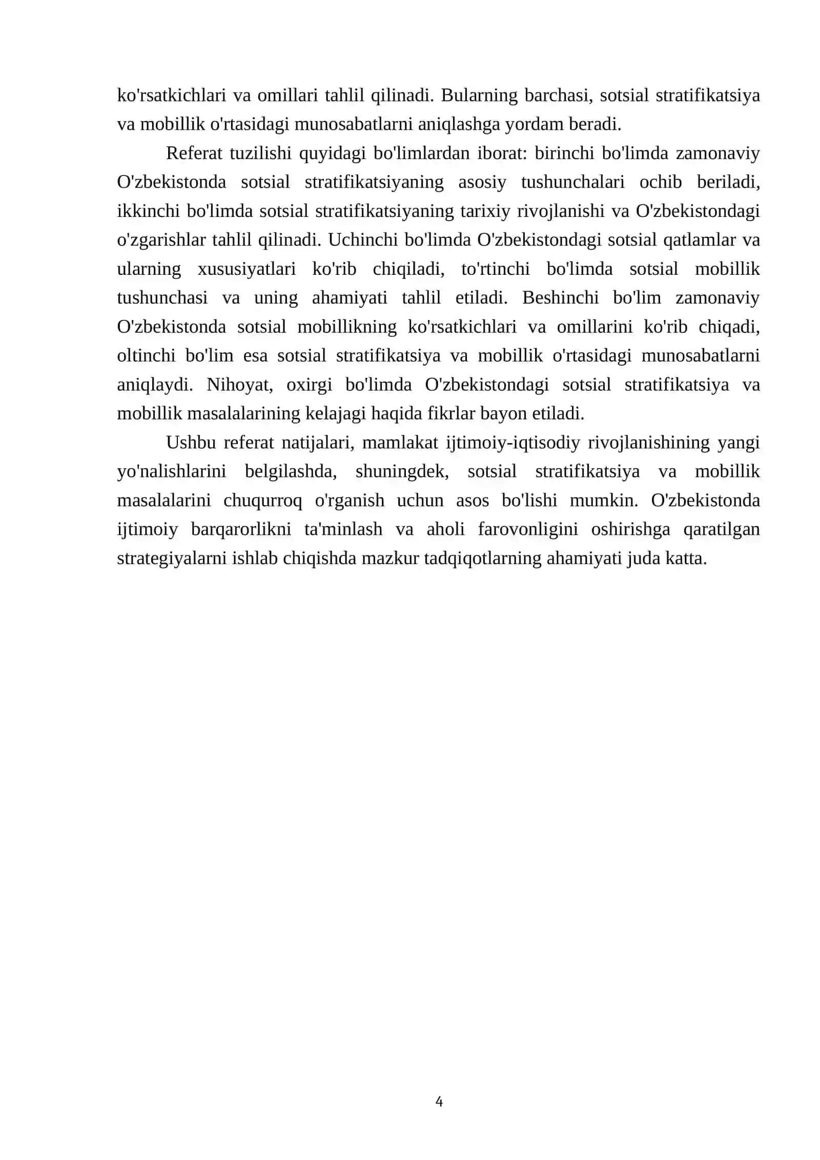 Zamonaviy O'zbekistonda sotsial stratifikatsiya va sotsial mobillik masalalari tahlili Sotsial harakatchanlik (mobillik) tushunchasi va uning mohiyati 4