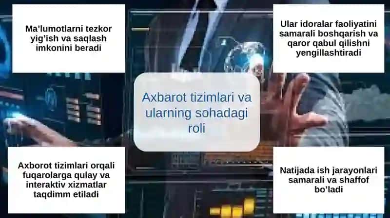 Soha idoralarining axborot tizimlari. Sohaning axborot texnologiyalari va ulardan foydalanish. Soha axborot tizimlarining interaktiv xizmatlari 4