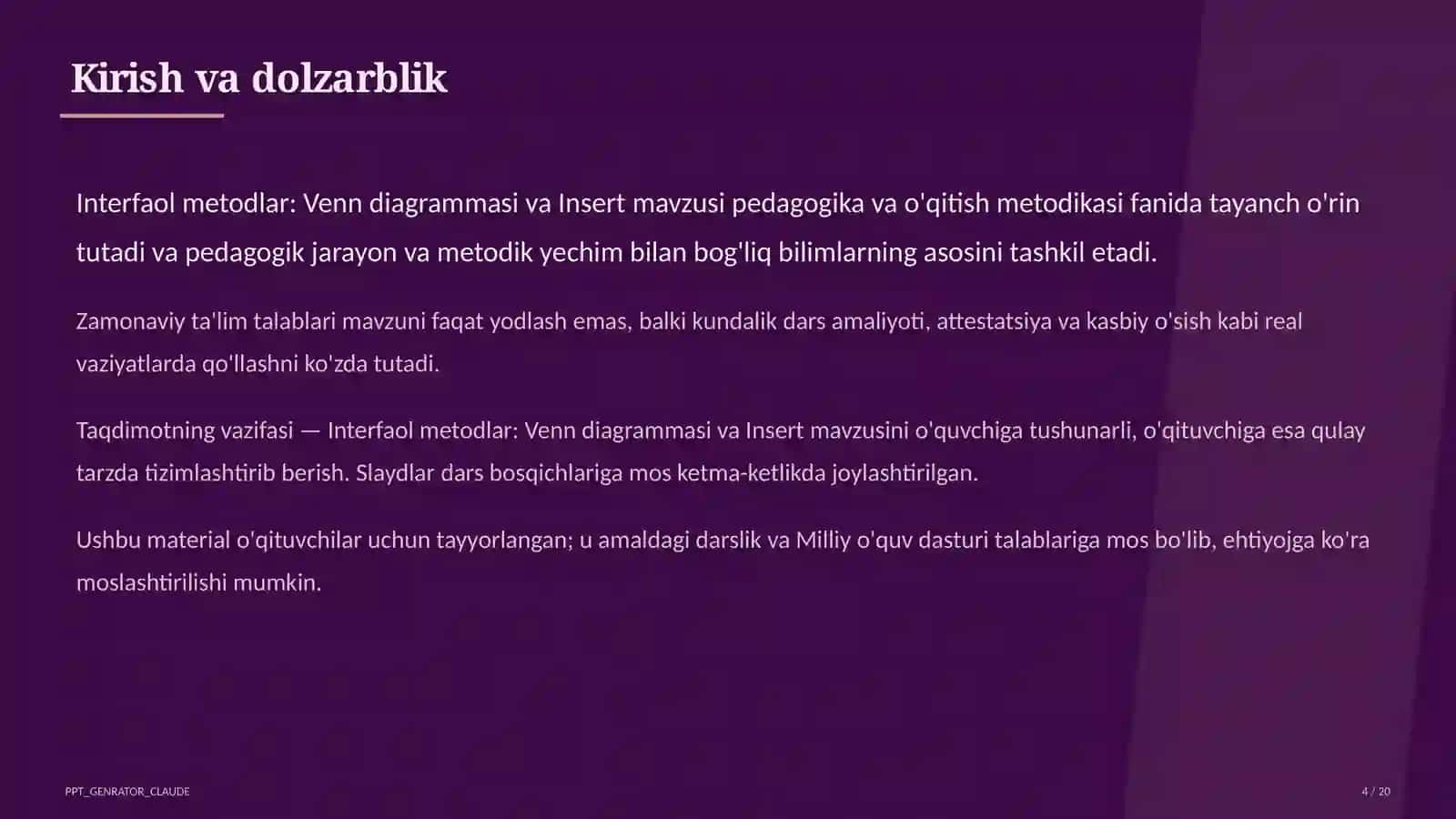 Interfaol metodlar: Venn diagrammasi va Insert 4