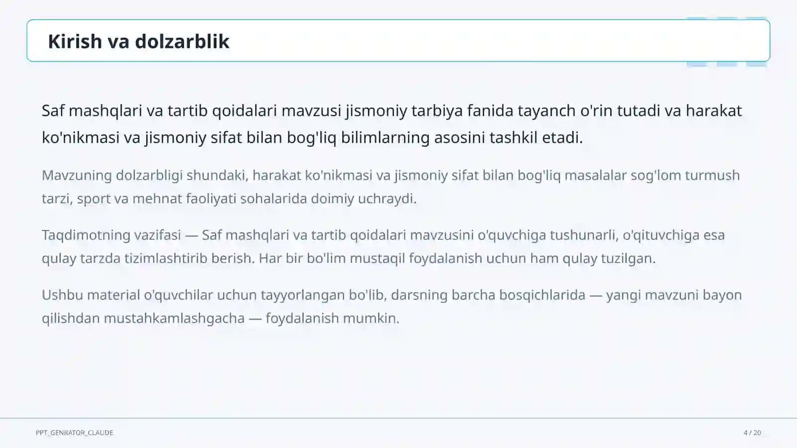 Saf mashqlari va tartib qoidalari (1-sinf) 4