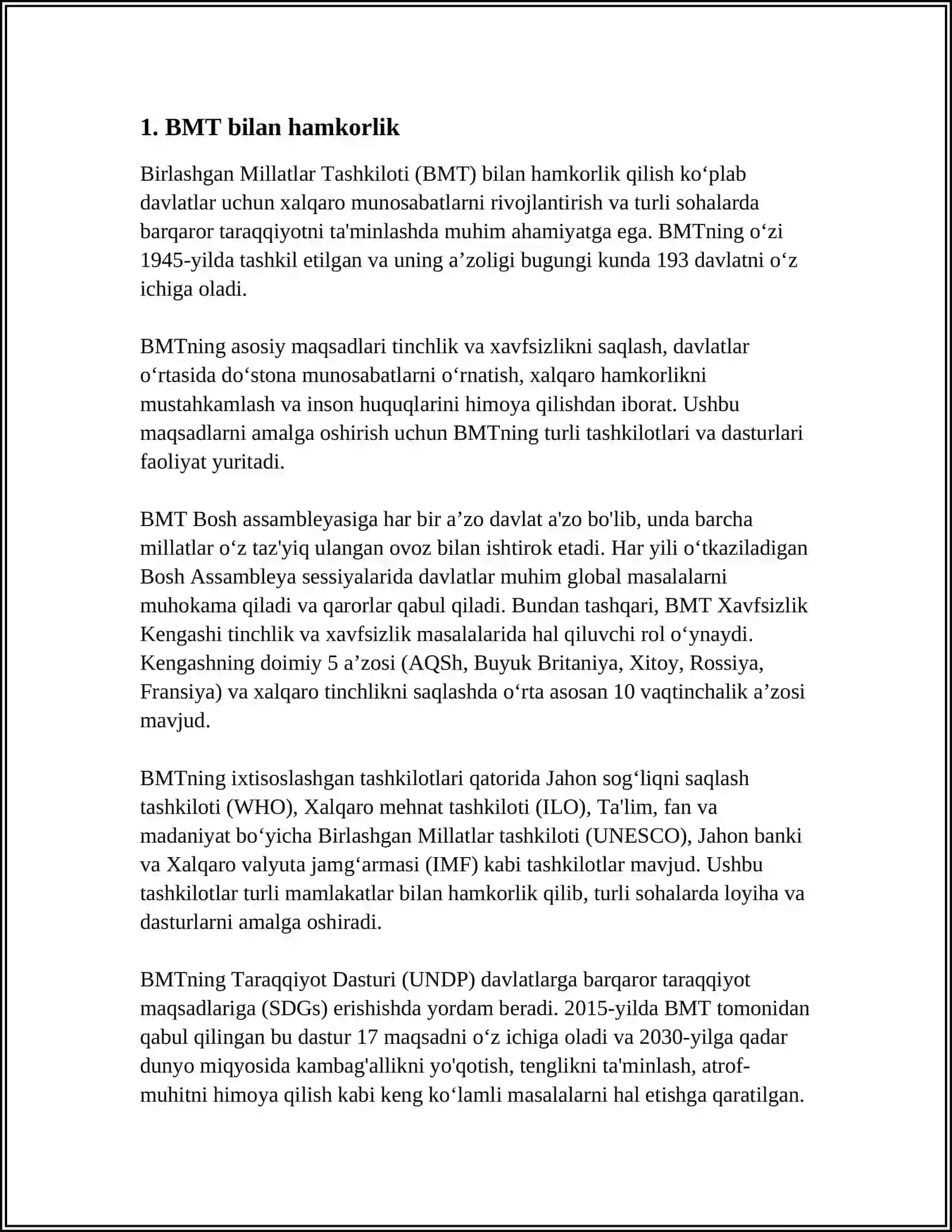 O'ZBEKISTONNING XALQARO TASHKILOTLAR BILAN HAMKORLIK ALOQALARI 4
