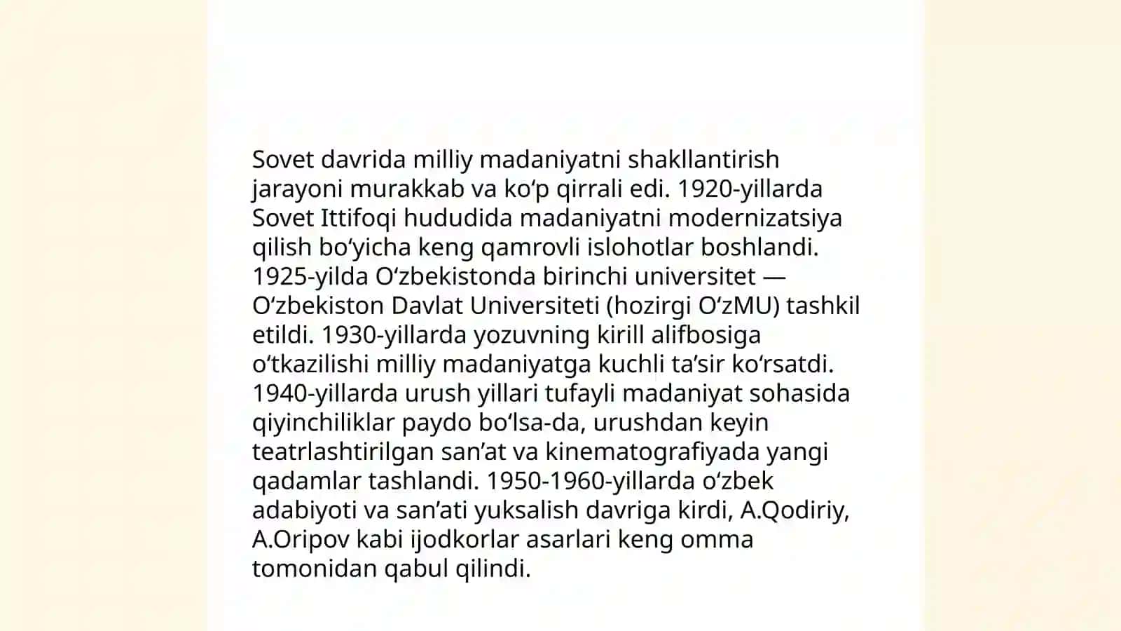 Mustamlakachilik va milliy madaniyatimiz rivojidagi yangi uygʻonish davri bosqichi. Sovet davri madaniyati 4