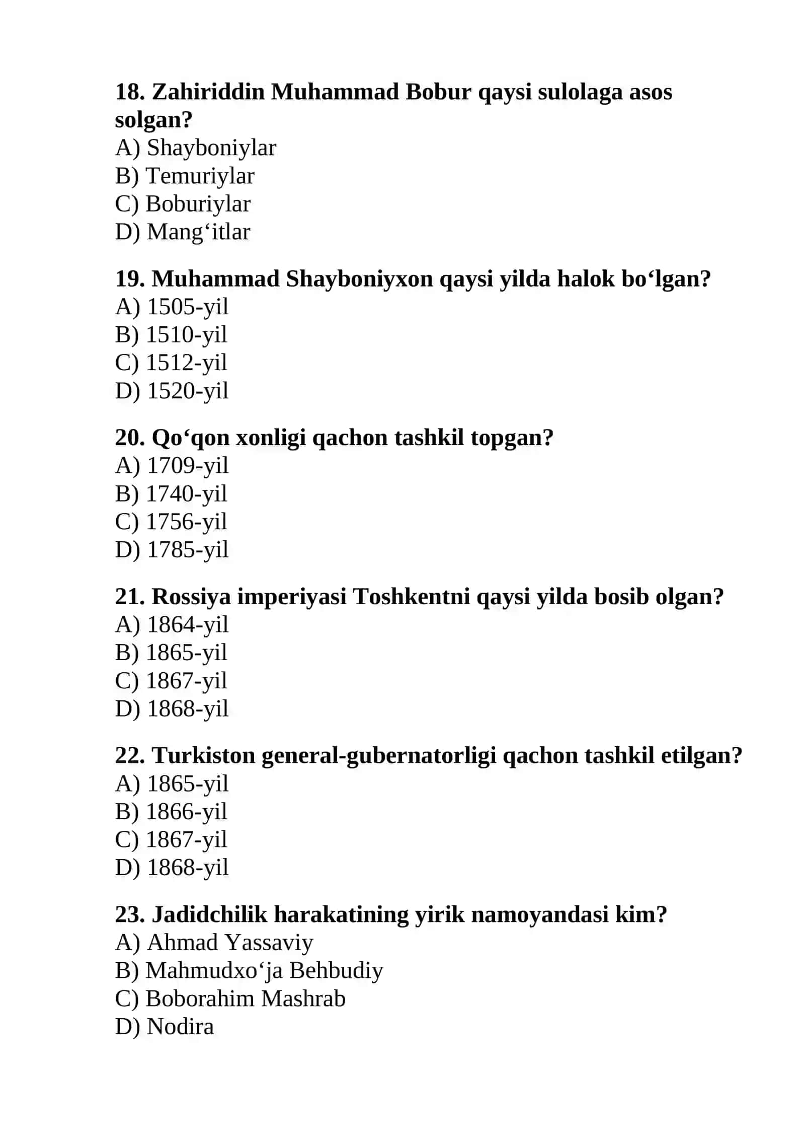 DTM uslubidagi O‘zbekiston tarixi 30 ta test 4