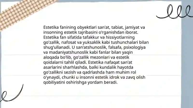 "Estetika" fanining obyekti va falsafiy mohiyati."Estetika" haqidagi qarashlar tarixi 4