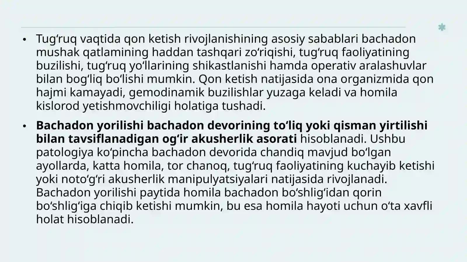 Tug‘ruqda va tug‘ruqdan keyingi qon ketishlar. Bachadon yorilishi. Gemorragik shok 4
